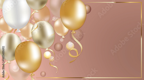 Vector illustration of a festive background with glossy golden, bronze, and champagne-colored balloons, curling ribbons, and elegant golden frame. The right side is left blank for text or design. 