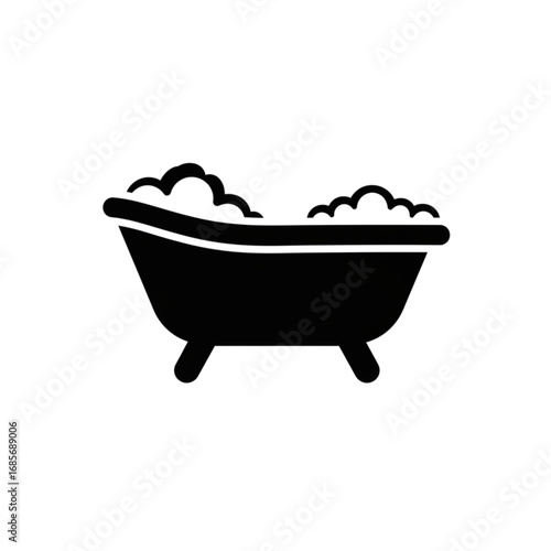 Simple black and white vector icon of a vintage bathtub with a relaxing bubble bath