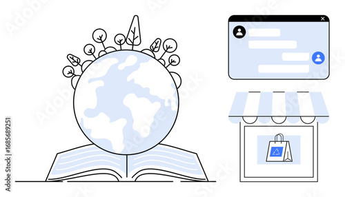 Open book with a globe topped by plants, online chat window, and storefront. Ideal for sustainability, education, global awareness, e-commerce, communication, environment simple landing page