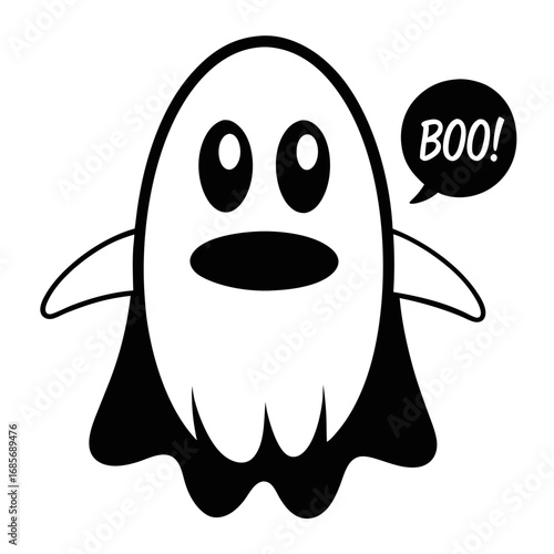 Cute cartoon ghost saying boo with big eyes and a speech bubble
