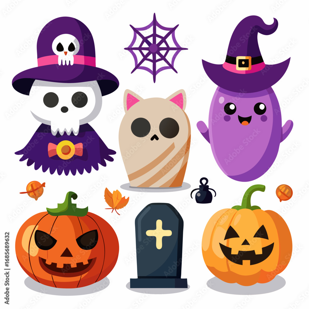 Fototapeta premium Cute halloween characters and symbols including ghosts pumpkins spider web and tombstone