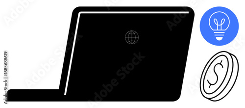 Open laptop with network globe icon, next to coin and light bulb icons. Ideal for technology, innovation, finance, remote work, online business, e-commerce, start-ups simple landing page