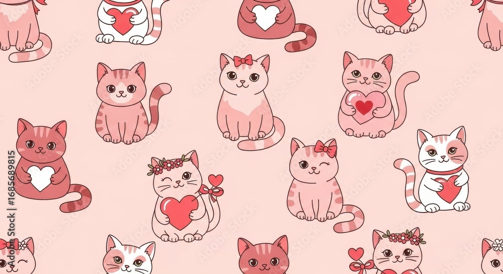 Fototapeta premium Seamless Pattern of Adorable Cats Holding Hearts for Festive Celebrations