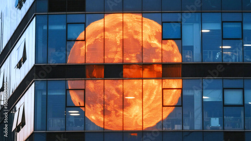 Red Moon Stunning solar eclipse reflection illuminates modern glass building facade creating a mesmerizing, vibrant celestial spectacle for impactful advertising and design projects.