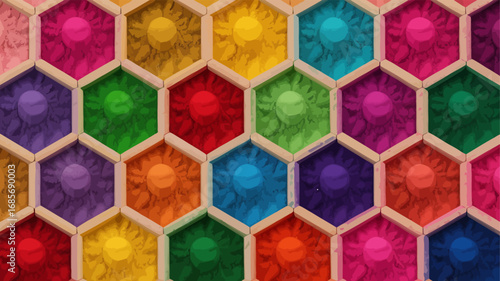 Vibrant hexagonal grid filled with colorful powders, creating a cheerful and artistic pattern.