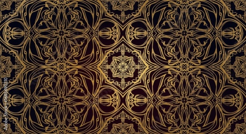 Intricate golden tracery pattern on dark background, seamless design