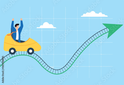 Businessman riding market roller coaster in flat design