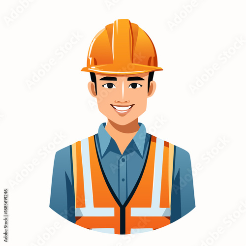 Smiling Asian man, a confident engineer or construction worker, wearing a bright orange hard hat and reflective safety vest, representing professionalism and safety in industry