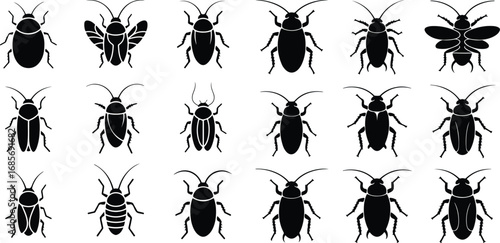 Cockroach Insect Black Silhouette Icon Vector Set Pest Control Cockroach Silhouette Design Symbol Collection