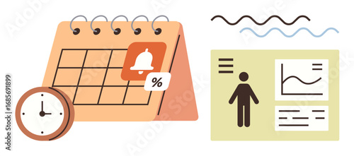 Spiral-bound calendar with reminder bell, clock, personal data dashboard with graphs, and wavy lines. Ideal for organization, time tracking, productivity, analytics, scheduling notifications