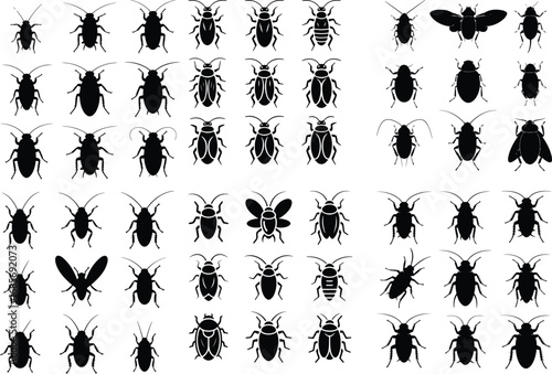 Cockroach Insect Black Silhouette Icon Vector Set Pest Control Cockroach Silhouette Design Symbol Collection