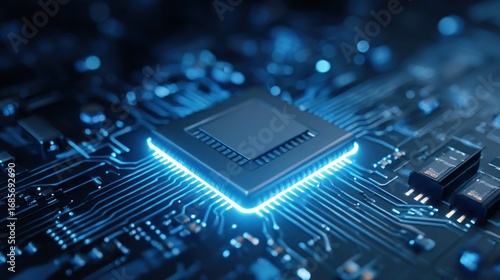 High-tech circuit board with glowing chip