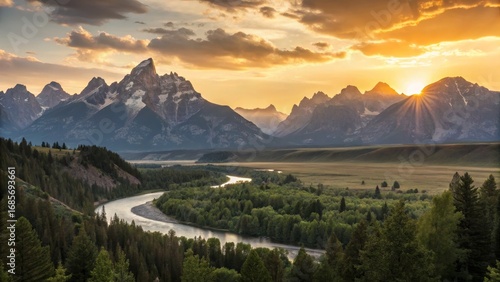 Golden Hour Sunset over Grand Teton Mountains River Valley Landscape Photography, Grand Teton National Park, Wyoming, USA. Grand Teton, Landscape Photography