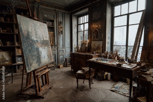 Vintage artist studio with large canvas and painting tools in elegant old room.