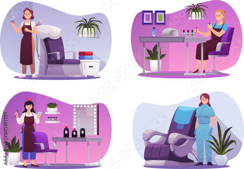 Beauty salon with manicurist, hairdresser, stylish studio fashion service interior vector set, professional equipment