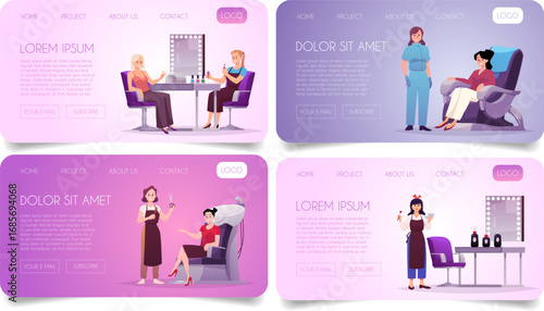 Beauty salon with manicurist, hairdresser, stylish studio service landing page vector design set, professional equipment