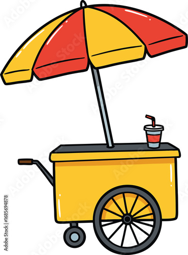 Colorful cartoon illustration of a street food cart with umbrella and drink