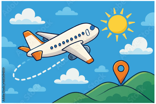 Airplane flying in the sky with clouds illustration
