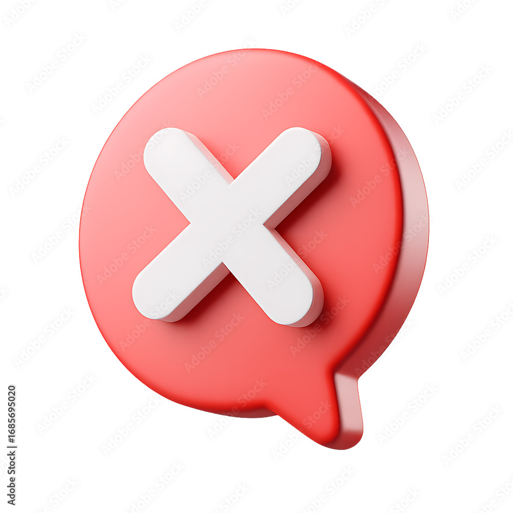 Fototapeta premium 3D Red Error Message Bubble with White Cross Icon - Transparent Background