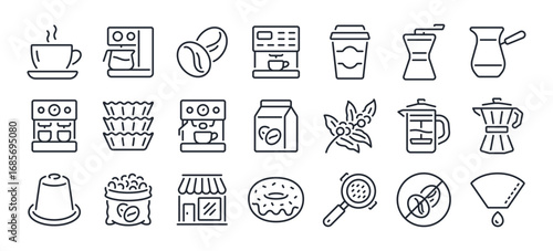 Coffee cup, bean, machine, donut and cafe editable stroke outline icons set isolated on white background flat vector illustration. Pixel perfect. 64 x 64.