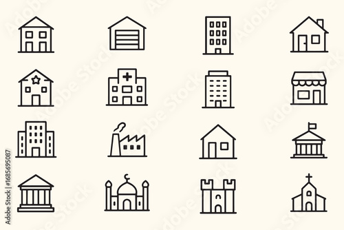 Minimalist Building & Architecture Line Icons – Editable Stroke  Residential, Commercial, Religious, Government & Industrial Structures for Urban Design, Real Estate & Educational Use


