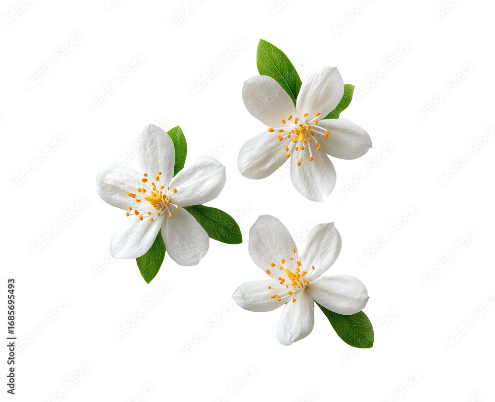 Fototapeta premium Three delicate white flowers with green leaves, isolated on black