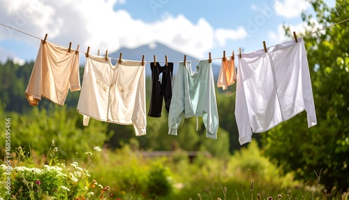 Clothesline with various garments drying outdoors on a sunny day with mountains in the distance