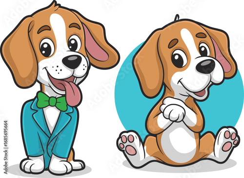 Cartoon beagle dog in a teal suit with a green bowtie and a second beagle dog sitting puppy illustration