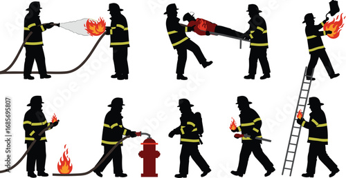 Firefighter, Rescue, Emergency, Hose, Ladder, Hydrant, Axe, Uniform, Safety, Action, Silhouette, Equipment