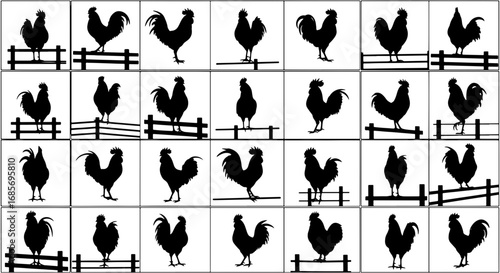 Vector art of silhouetted rooster collection, showcasing various poses and positions of the farm animal in black and white