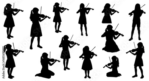 Vector art of silhouettes of young girls playing the violin in various poses and dresses
