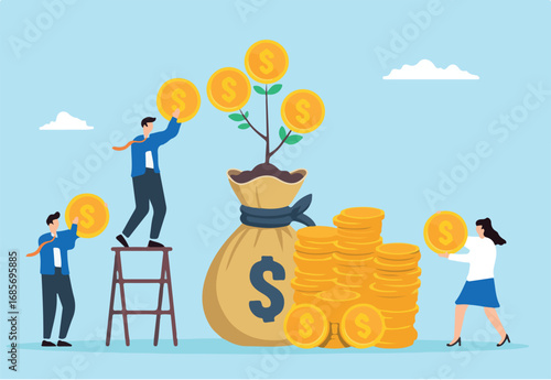 People invest coin in mutual funds, witnessing their money grow over time. Concept of investment growth, wealth management, financial profit from stock market, and savings