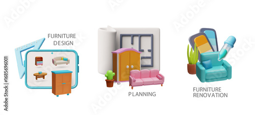 3D vector set with furniture design, planning and renovation icons.