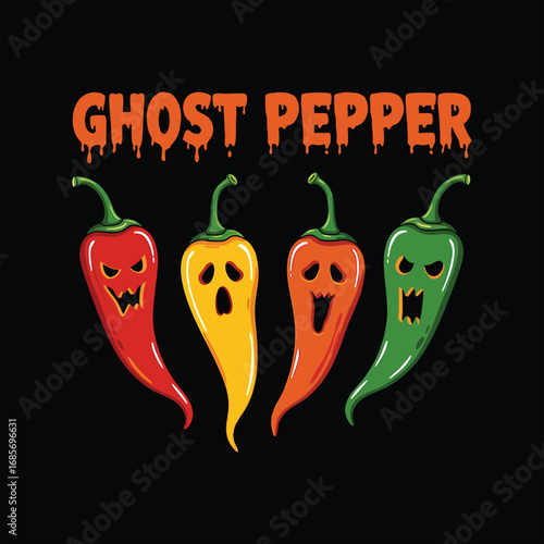 Spooky ghost pepper illustration in different colors for halloween or spicy food designs