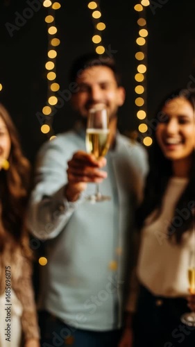 Group of friends celebrating New Years Eve with champagne glasses raised, surrounded by golden confetti and festive atmosphere, capturing joyful moments of togetherness and celebration	