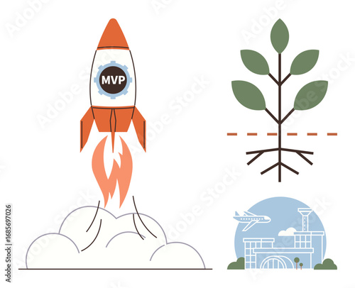 Rocket lifting off labeled MVP, growing plant with roots, and airport building with plane. Ideal for startup growth, innovation, success, progress, development aspirations teamwork. Simple flat