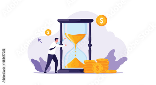 Time is money concept person adjusting hourglass near coins