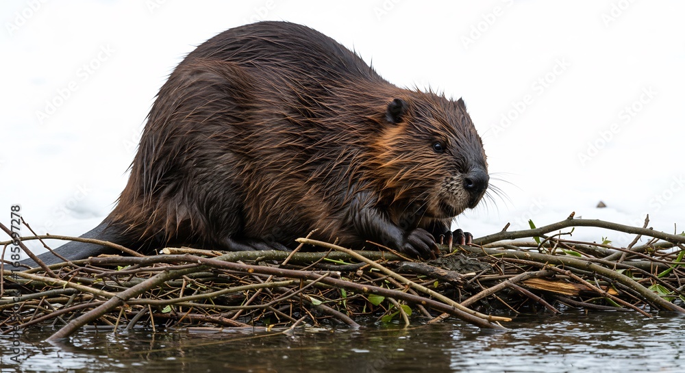 Large beaver diligently works on nest building amidst soft winter light. AI Generated Large beaver diligently works on nest building amidst soft winter light. AI Generated