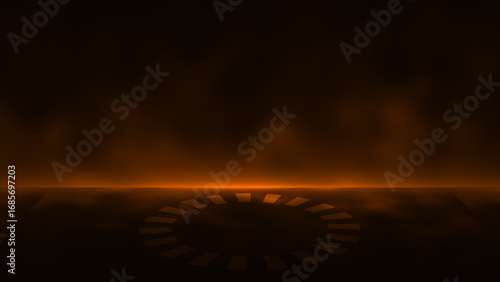 Orange color glowing empty space or empty stage with rotating ring at the center