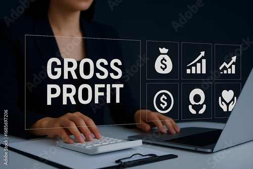 Gross profit analysis concept with financial dashboard on laptop for business performance tracking