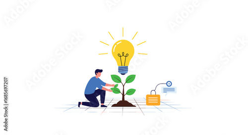 Growing new business ideas from startup seed into bright ideas illuminated