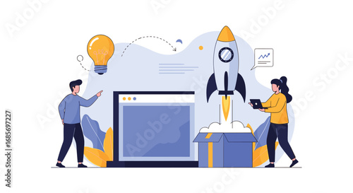 Innovative business launch concept with a rocket symbolizing growth and success