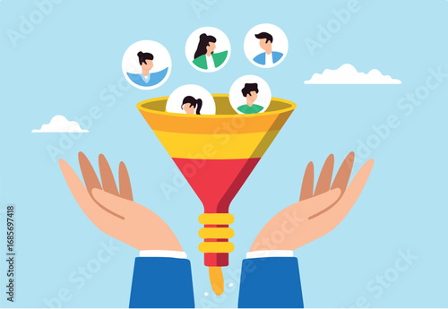Businessman hand holds marketing funnel, illustrating process of lead generation and converting potential customers into sales. Concept of attracting prospects, and converting into paying customers