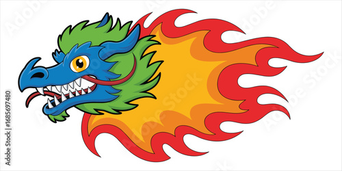 Fierce blue dragon head with green mane and fiery breath Keywords: dragon, cartoon, mythical, creature