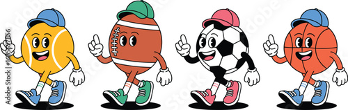 Four cartoon sports balls with faces and legs walking Keywords: sports, balls, cartoon, characters