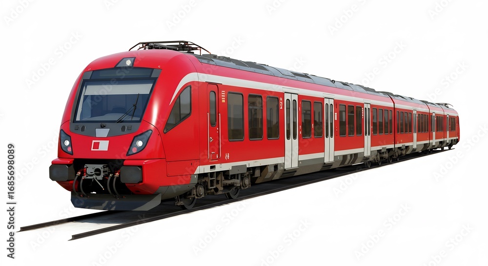 Fototapeta premium Sleek red passenger train speeds along tracks under bright studio lighting. AI Generated