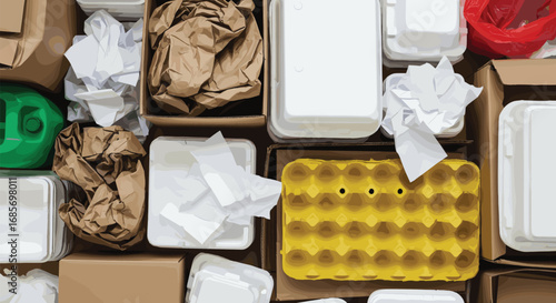 Mixed packaging waste in cardboard boxes, vector illustration of foam, paper, plastic materials for recycling, sustainability, and environmental awareness