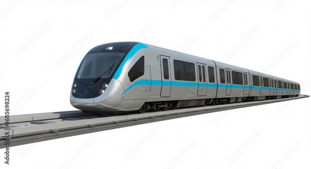 Naklejka premium Sleek modern train speeds effortlessly on elevated tracks bathed in bright studio light. AI Generated