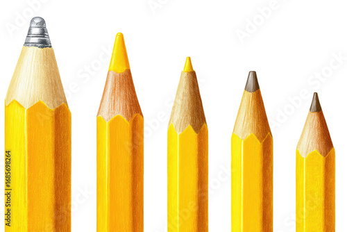 Five pencils of varying lengths, all yellow, with different colored graphite tips.  