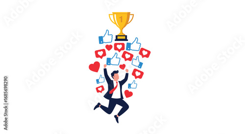 Businessman celebrates success and viral social media engagement achievement
